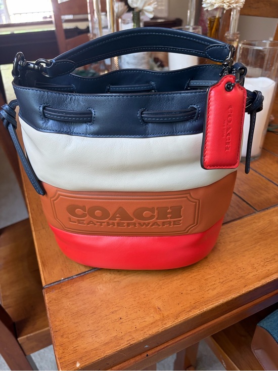 Coach Handbags - Rare Coach Color-block Leather Bucket Bag - Navy, Cream, Tan & Orange